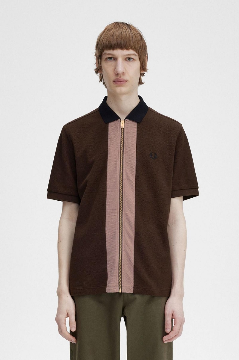 Camisa Polo Fred Perry Zip Through Polo Shirt Hombre Burnt Tobacco | MXEAH39472