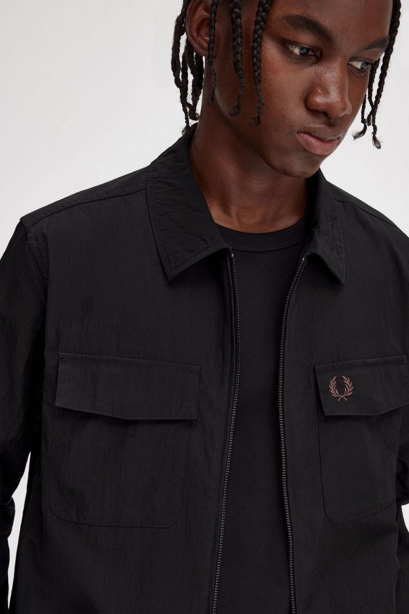 Camisas Fred Perry Zip-Through Hombre Negros | XMXBH14693