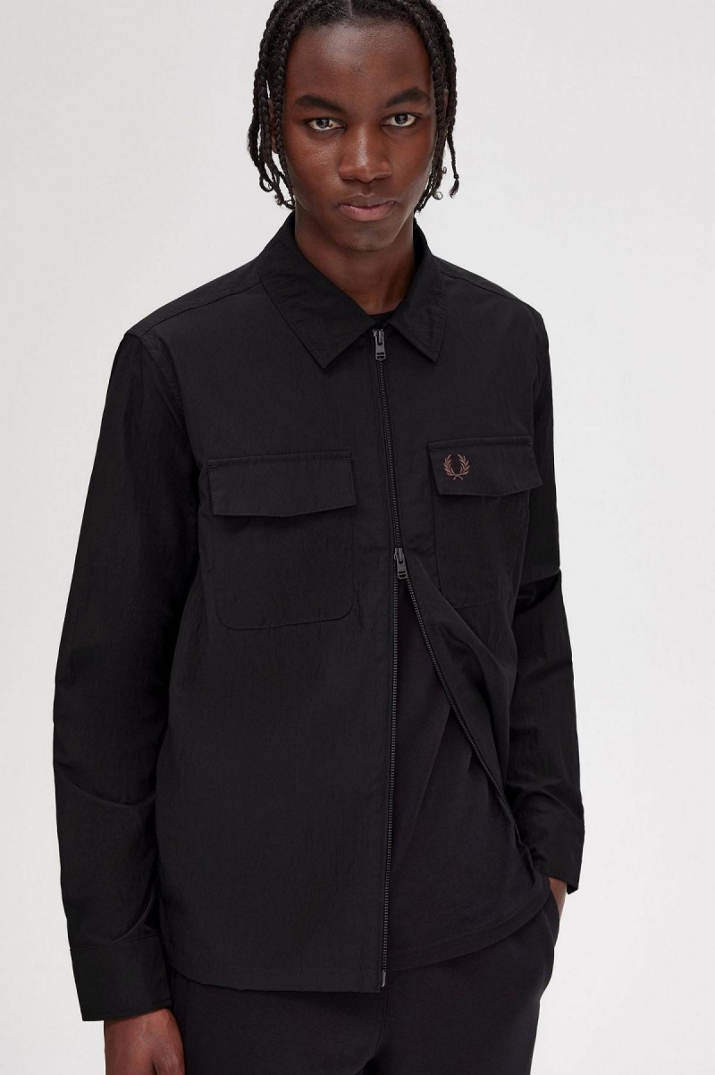 Camisas Fred Perry Zip-Through Hombre Negros | XMXBH14693