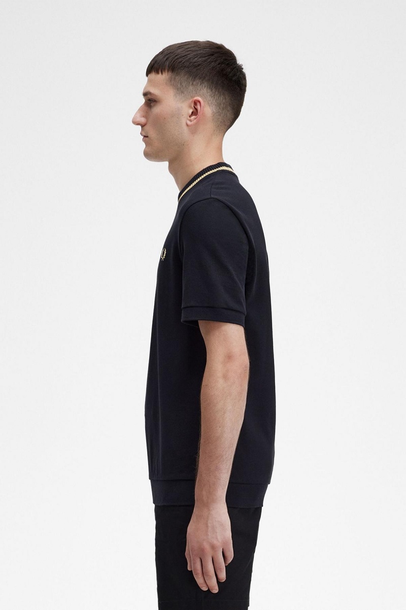 Camiseta Fred Perry Crew Neck Piqué Hombre Negros | TMXPQ53407