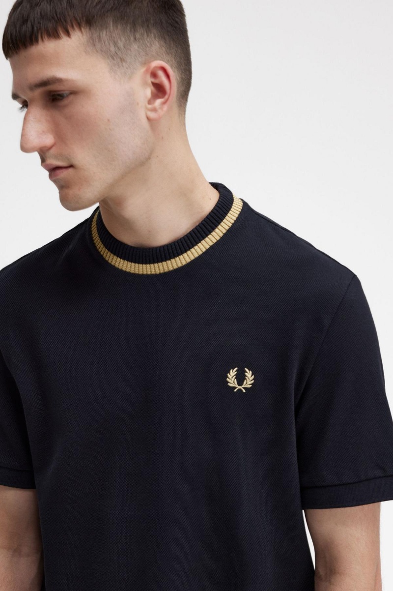 Camiseta Fred Perry Crew Neck Piqué Hombre Negros | TMXPQ53407