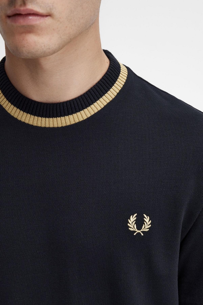 Camiseta Fred Perry Crew Neck Piqué Hombre Negros | TMXPQ53407