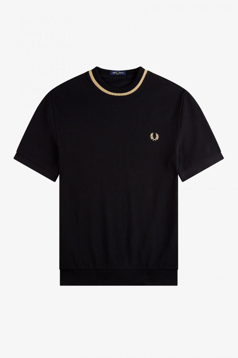 Camiseta Fred Perry Crew Neck Piqué Hombre Negros | TMXPQ53407