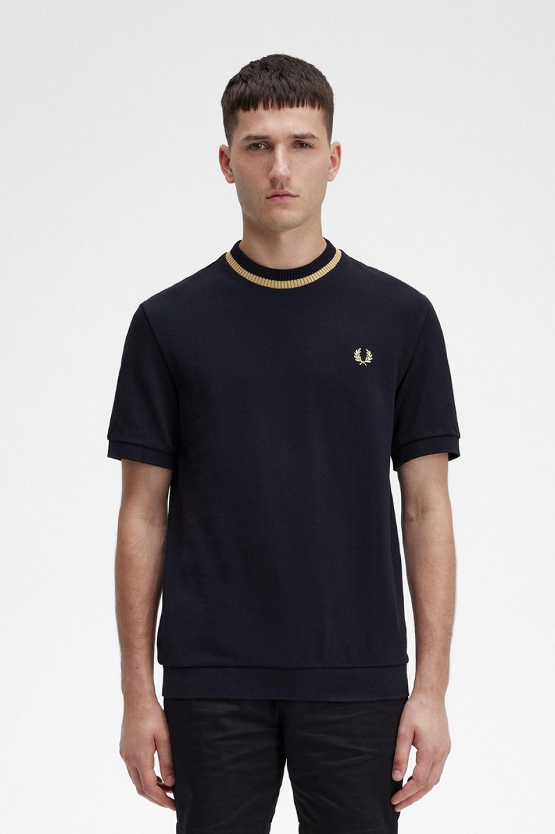 Camiseta Fred Perry Crew Neck Piqué Hombre Negros | TMXPQ53407