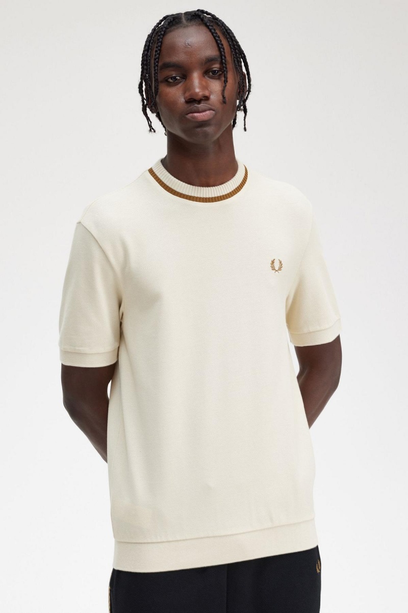 Camiseta Fred Perry Crew Neck Piqué Hombre Oatmeal | LMXTR74423