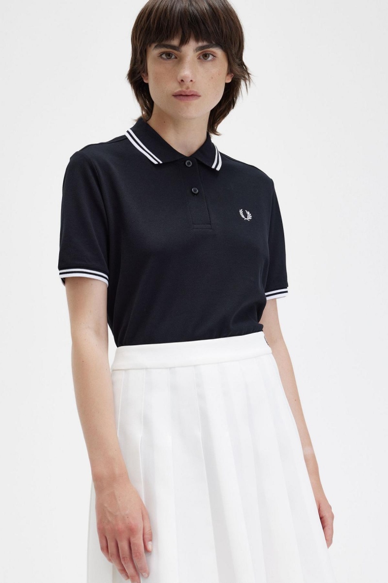 Camiseta Fred Perry G3600 Mujer Negros Blancos Blancos | MXDFL79649