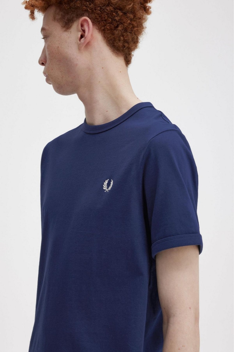 Camiseta Fred Perry Ringer Hombre Azul Marino Blancos | DMXKV49544