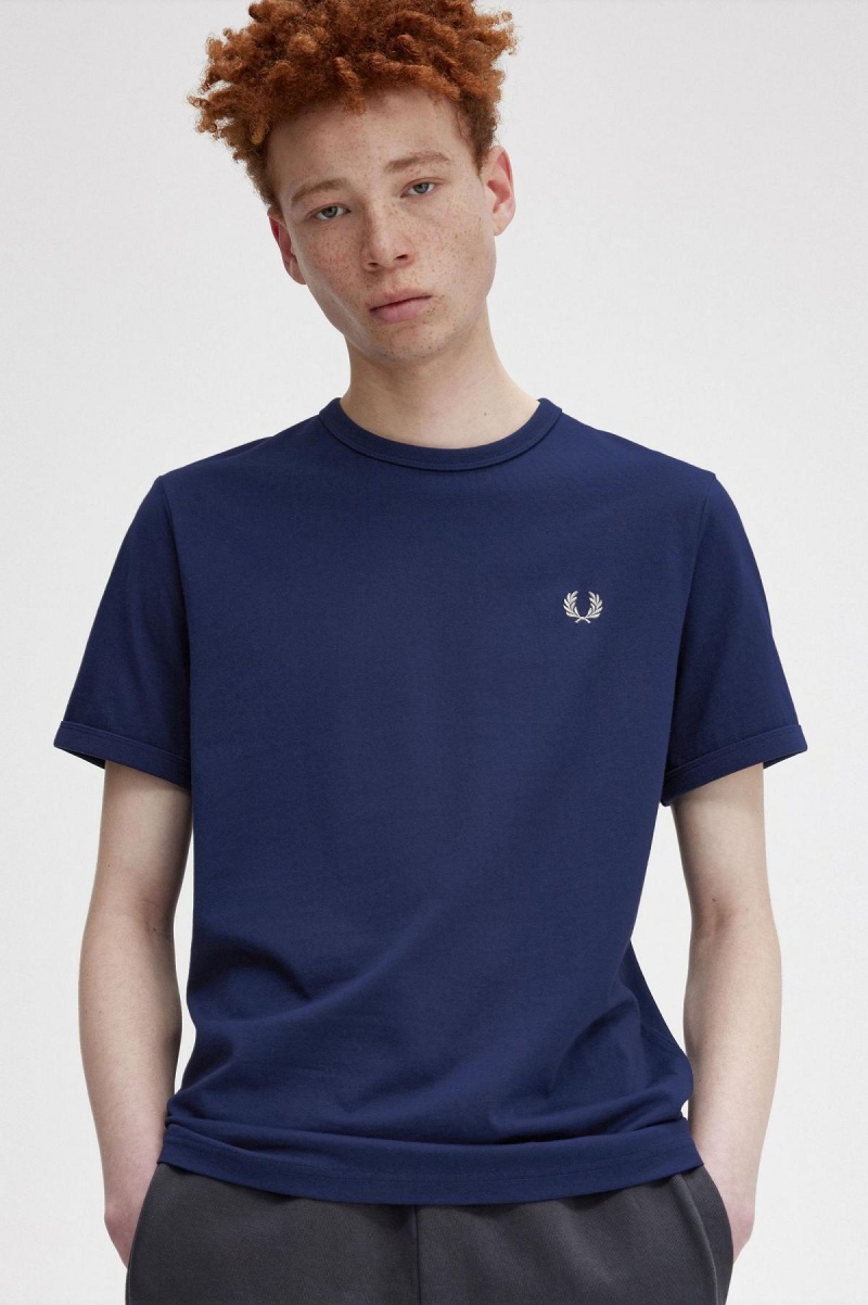 Camiseta Fred Perry Ringer Hombre Azul Marino Blancos | DMXKV49544