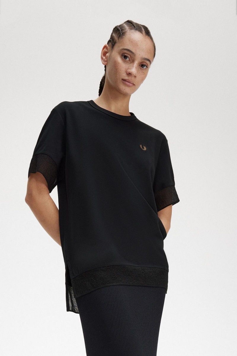 Camiseta Fred Perry Sheer Trim Piqué Mujer Negros | MXJZR68129