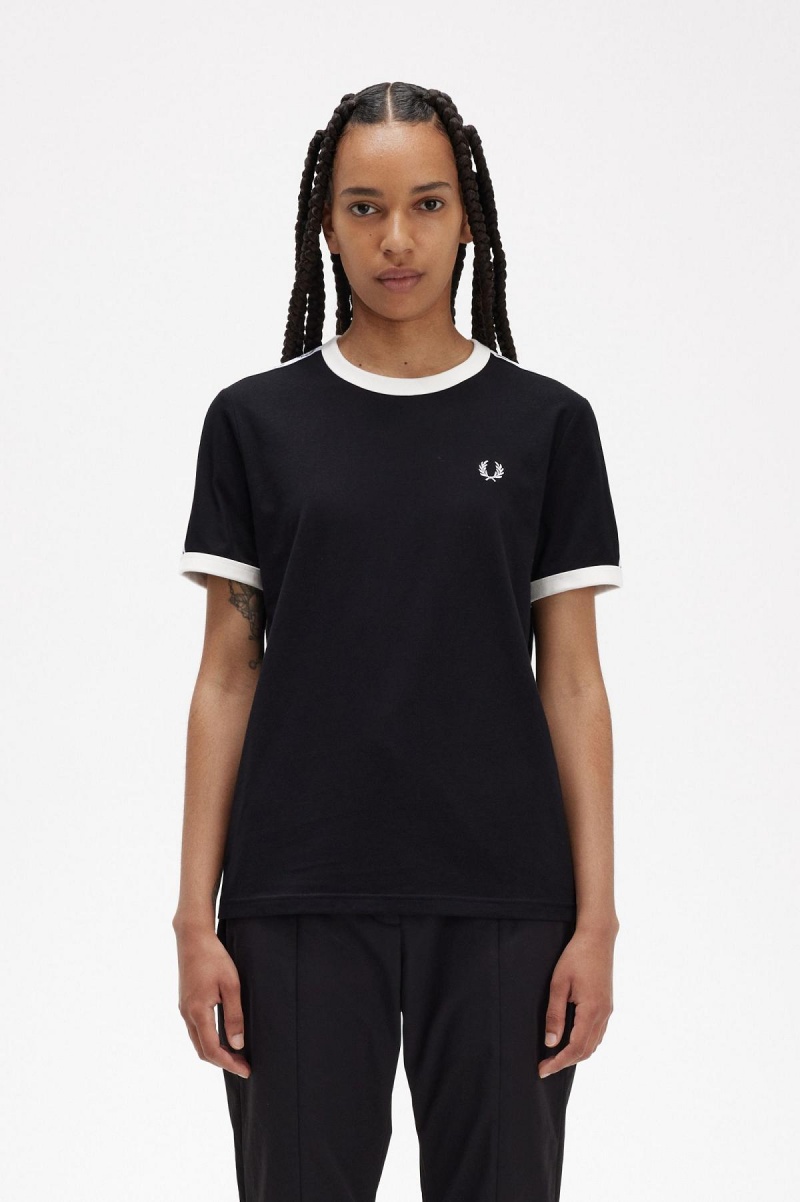 Camiseta Fred Perry Taped Ringer Mujer Negros | MMXHR51604