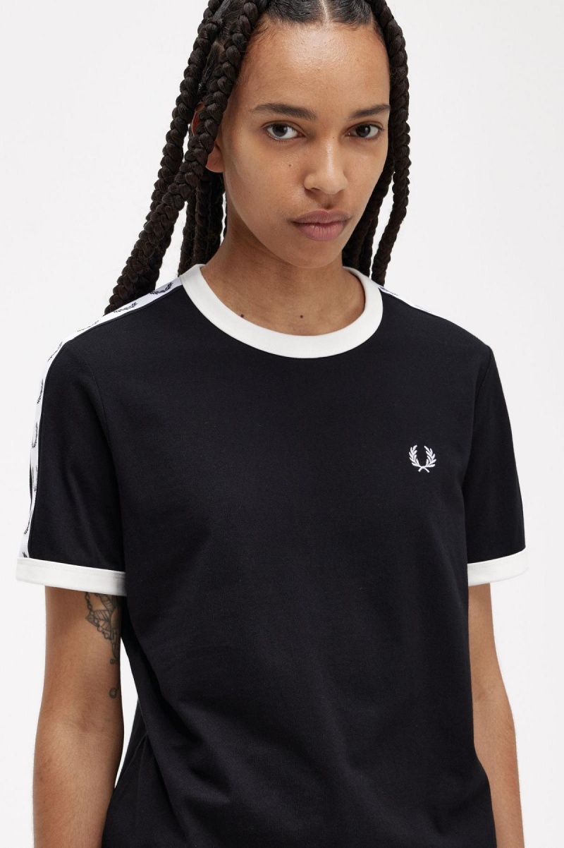 Camiseta Fred Perry Taped Ringer Mujer Negros | MMXHR51604