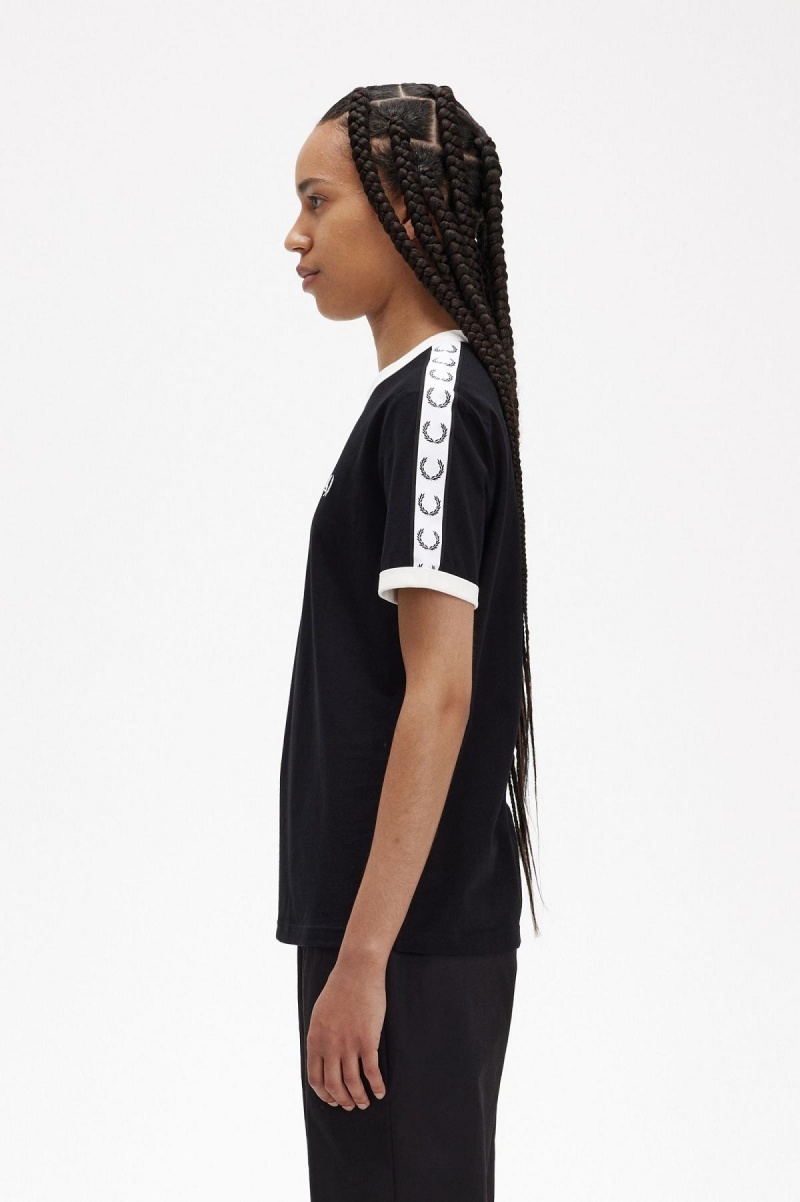 Camiseta Fred Perry Taped Ringer Mujer Negros | MMXHR51604