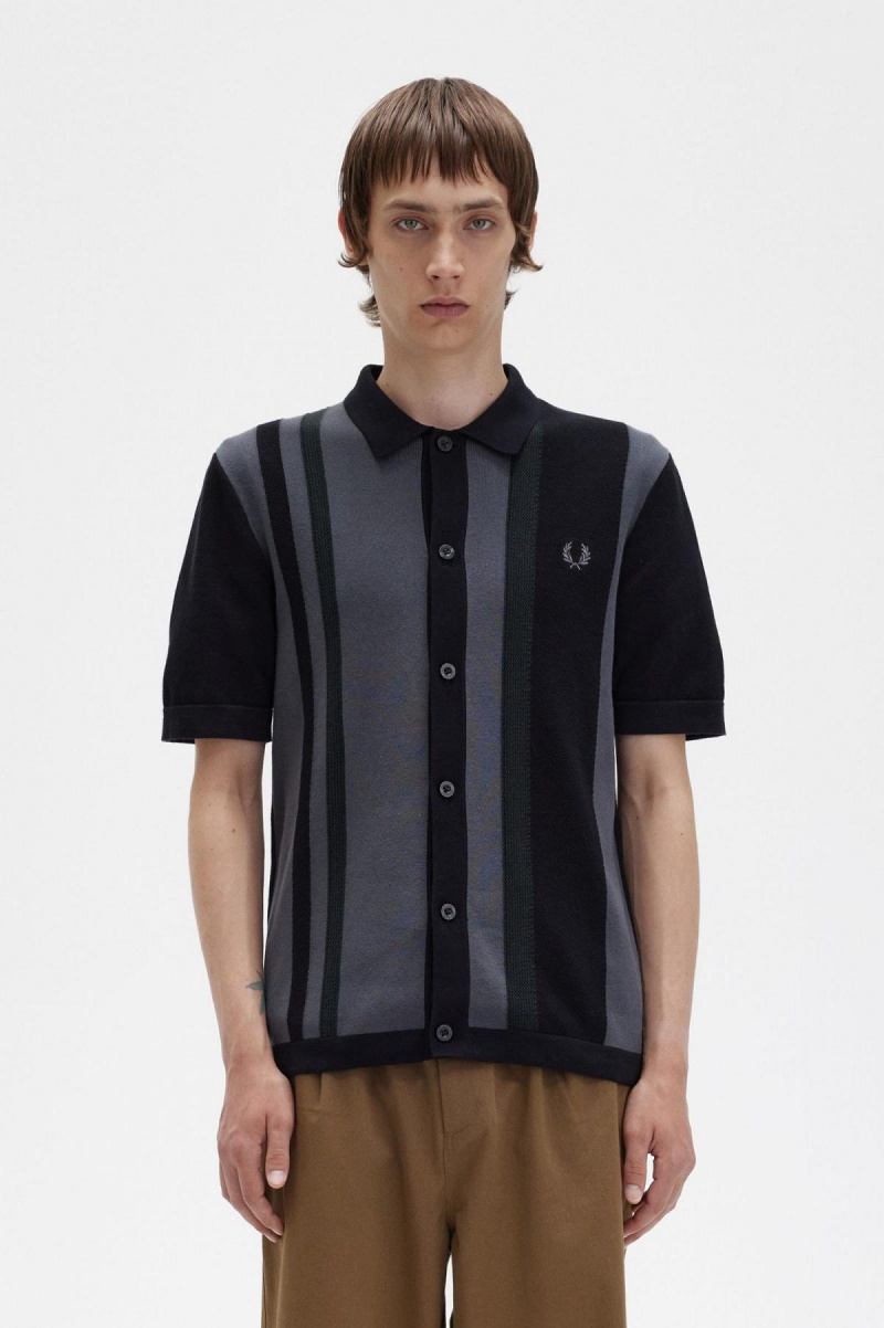 Prendas De Punto Fred Perry A Rayas De Punto Shirt Hombre Negros | EMXHC36280