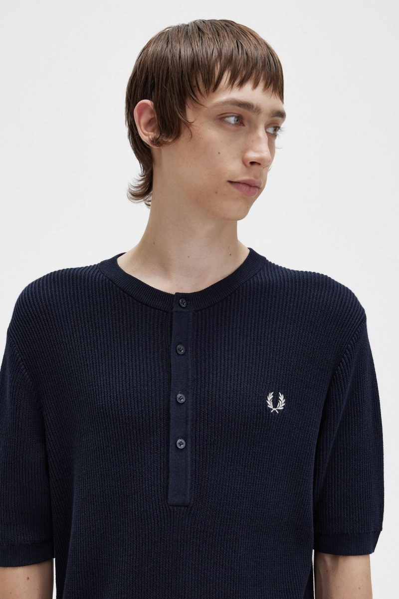 Prendas De Punto Fred Perry Acanalado De Punto Henley Top Hombre Azul Marino | MXCVG73006