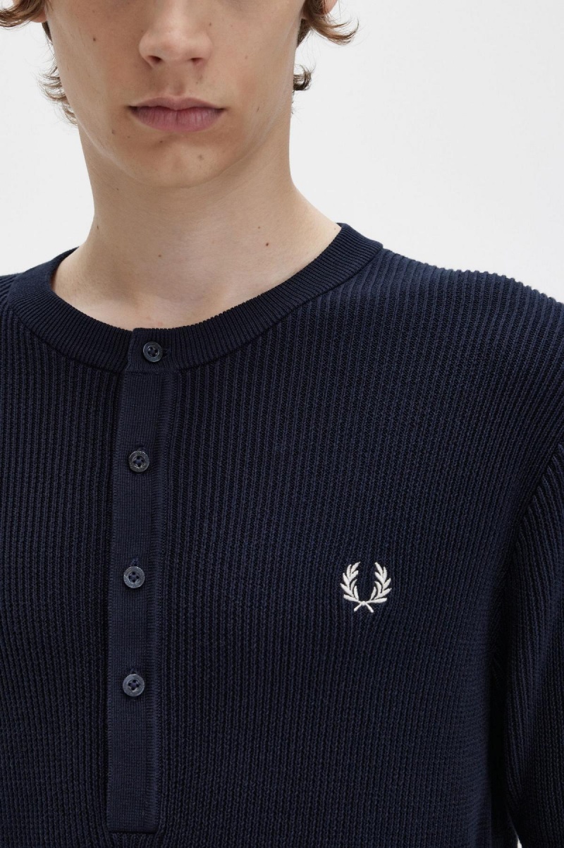 Prendas De Punto Fred Perry Acanalado De Punto Henley Top Hombre Azul Marino | MXCVG73006