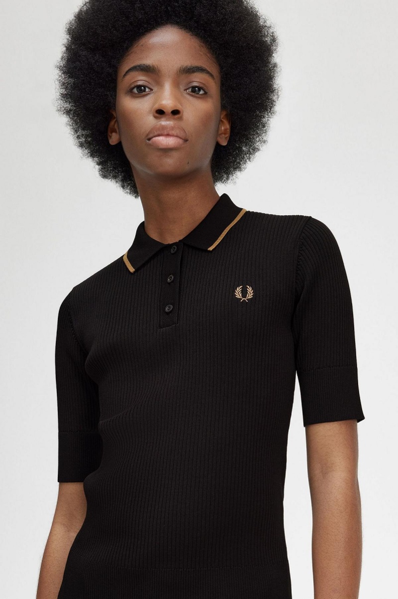 Prendas De Punto Fred Perry Acanalado De Punto Shirt Mujer Negros | AMXDF80906