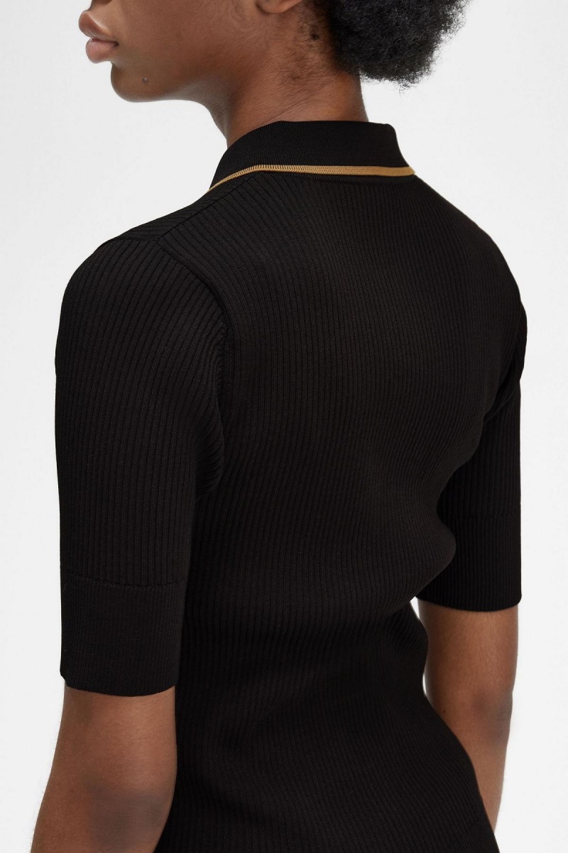 Prendas De Punto Fred Perry Acanalado De Punto Shirt Mujer Negros | AMXDF80906