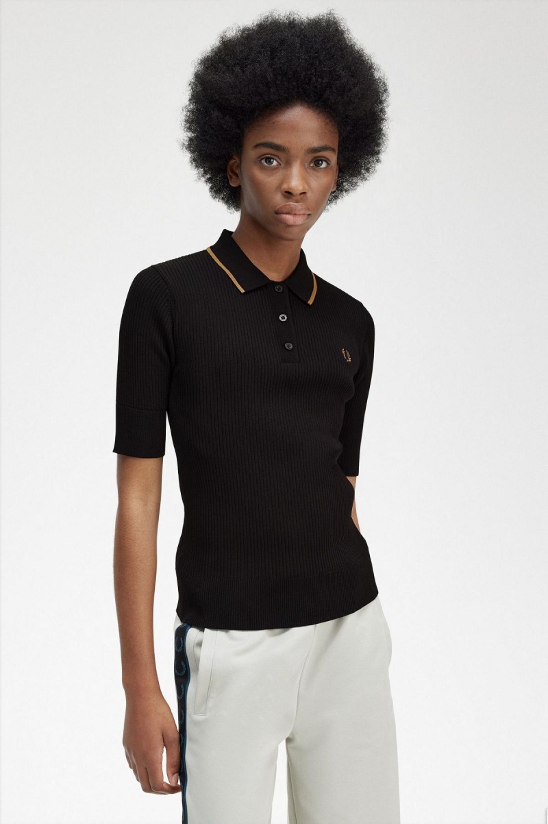 Prendas De Punto Fred Perry Acanalado De Punto Shirt Mujer Negros | AMXDF80906