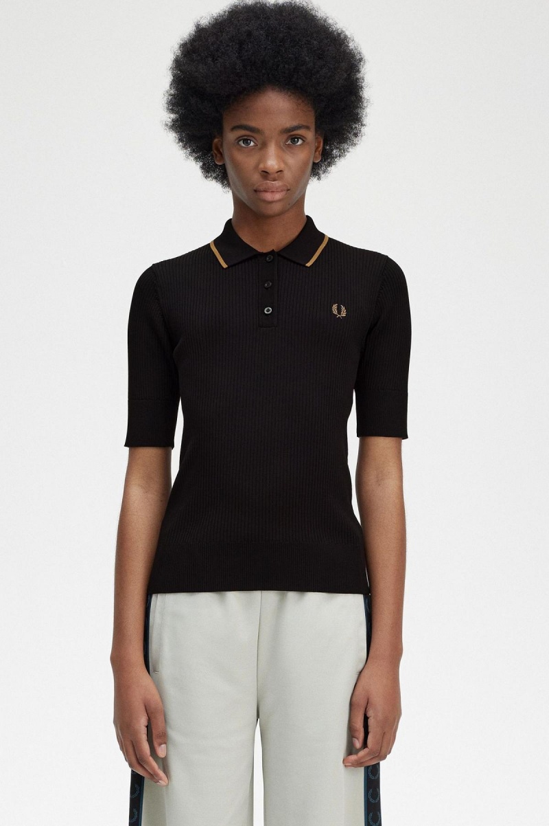 Prendas De Punto Fred Perry Acanalado De Punto Shirt Mujer Negros | AMXDF80906