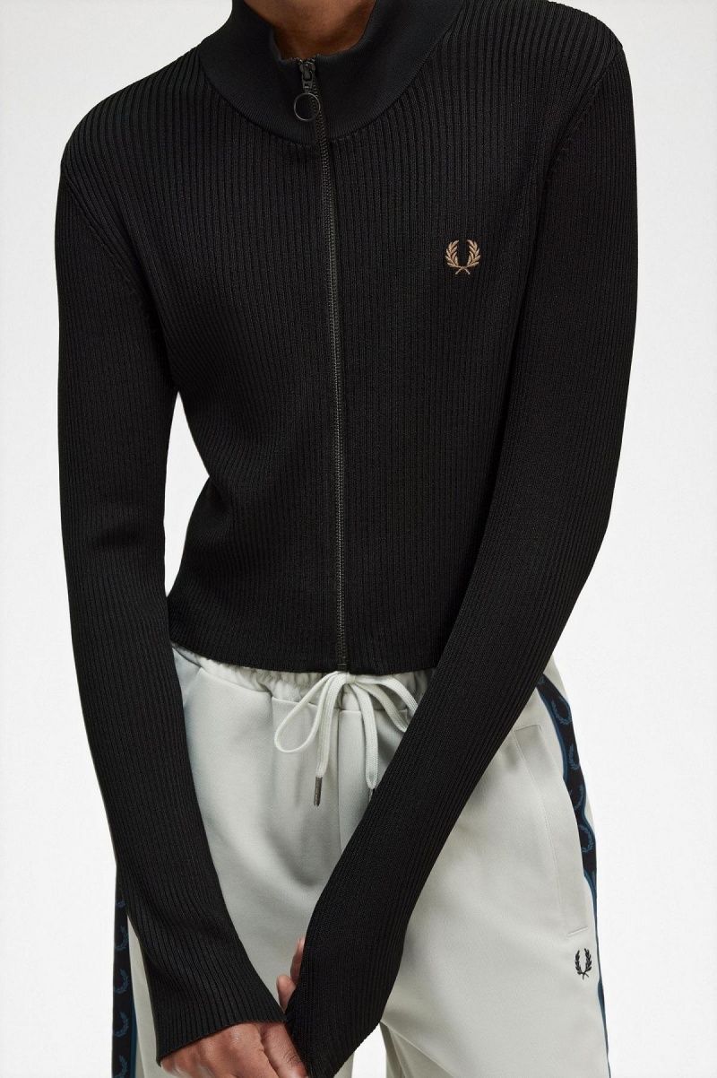 Prendas De Punto Fred Perry Acanalado Zip Through Jumper Mujer Negros | LMXTR78364