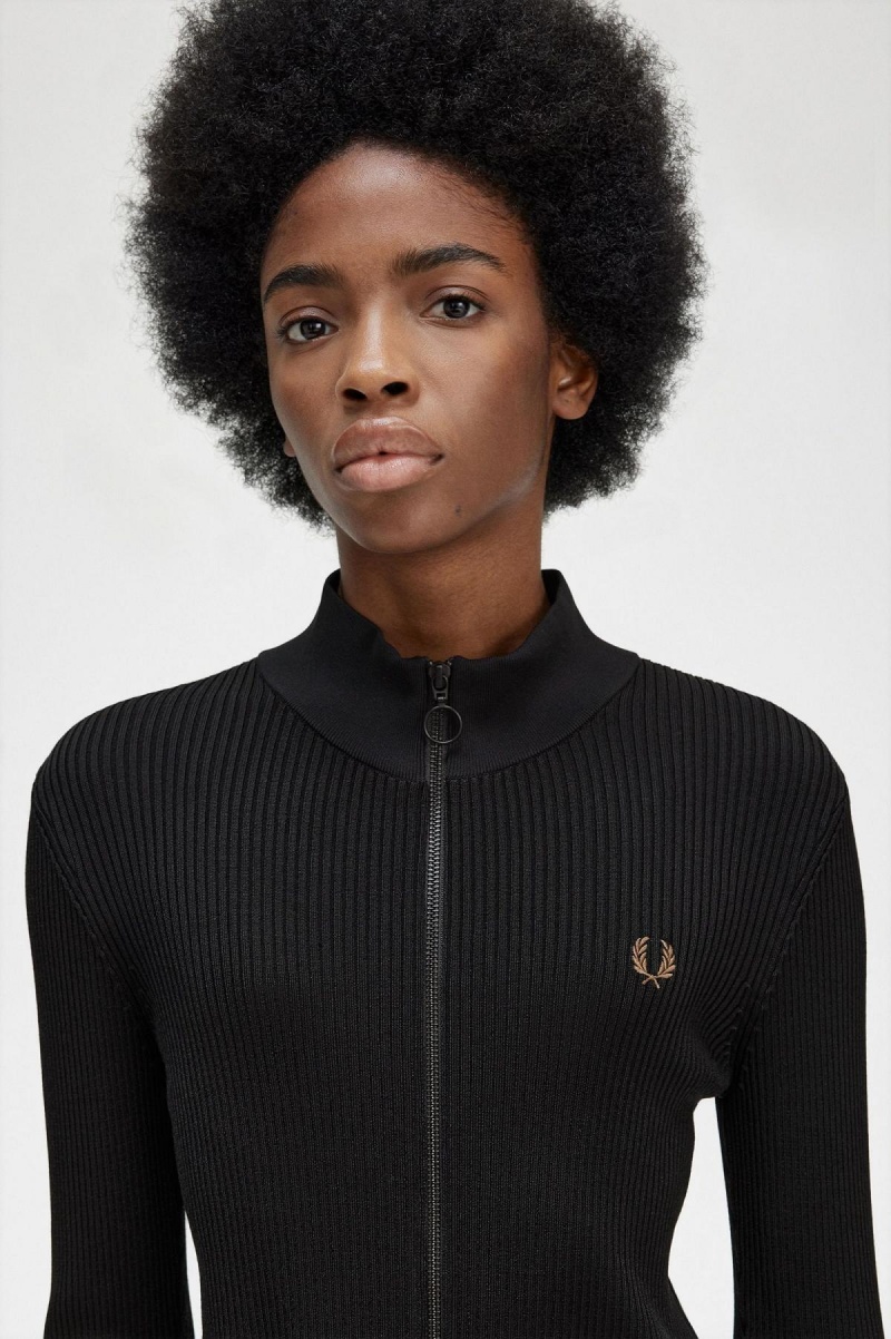 Prendas De Punto Fred Perry Acanalado Zip Through Jumper Mujer Negros | LMXTR78364