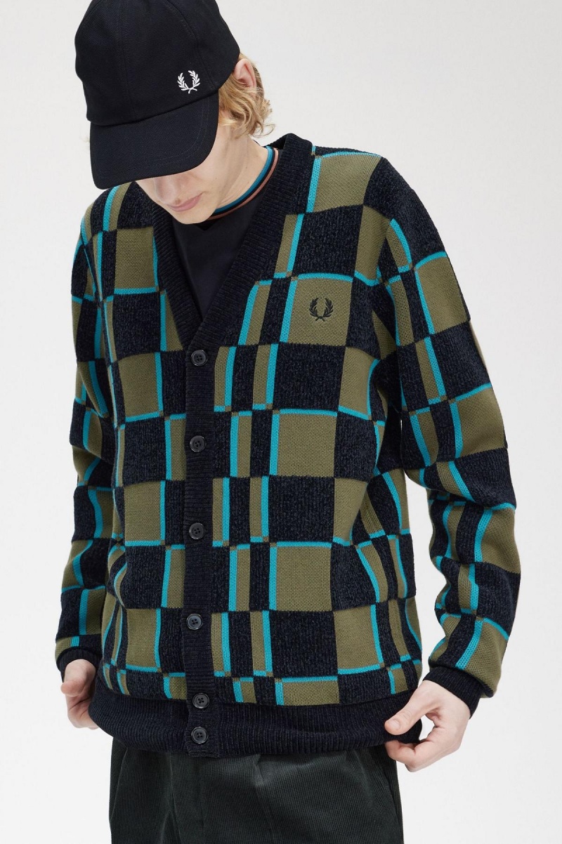 Prendas De Punto Fred Perry Glitch Chequerboard Cardigan Hombre Verdes Negros | ZMXMJ99660