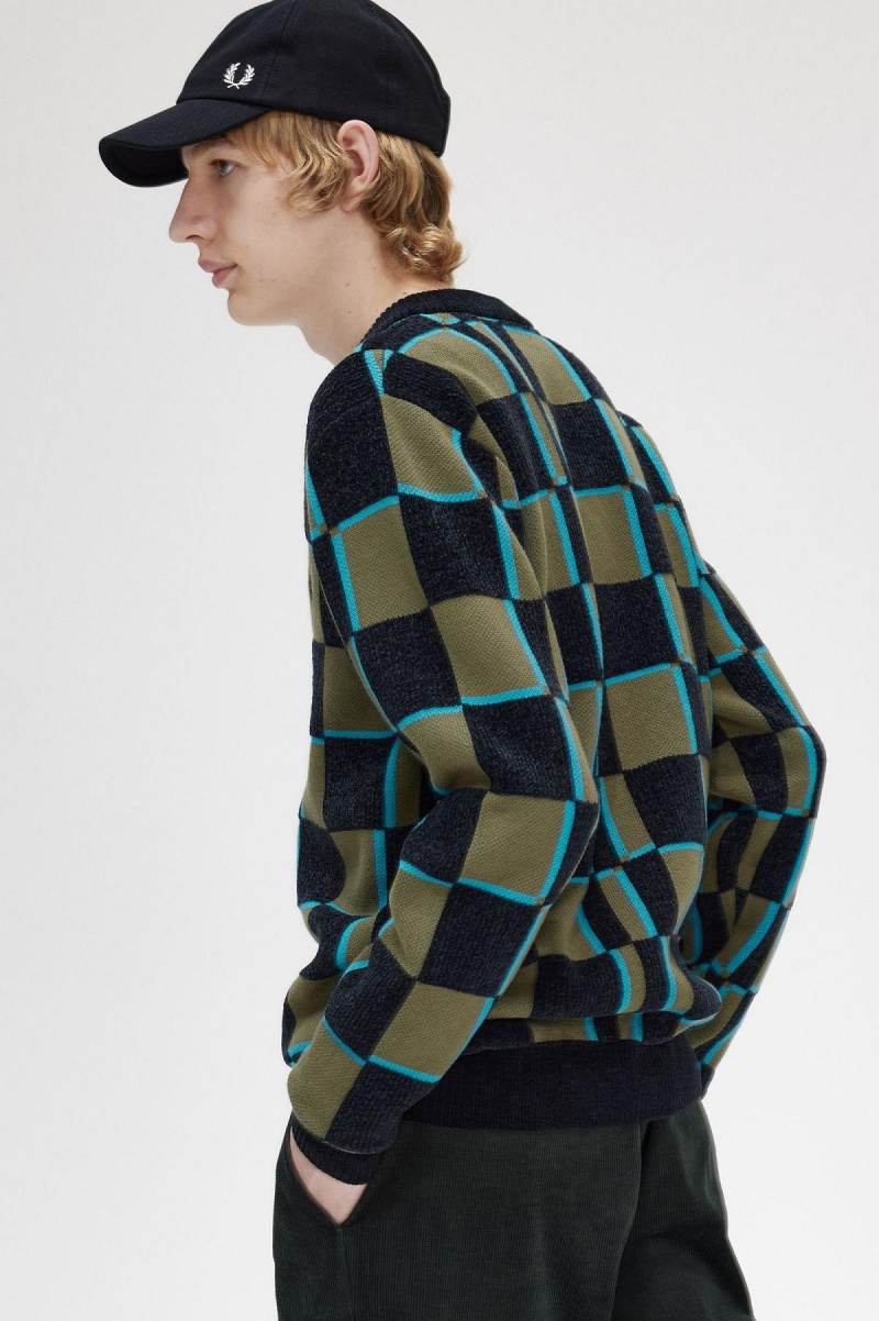 Prendas De Punto Fred Perry Glitch Chequerboard Cardigan Hombre Verdes Negros | ZMXMJ99660