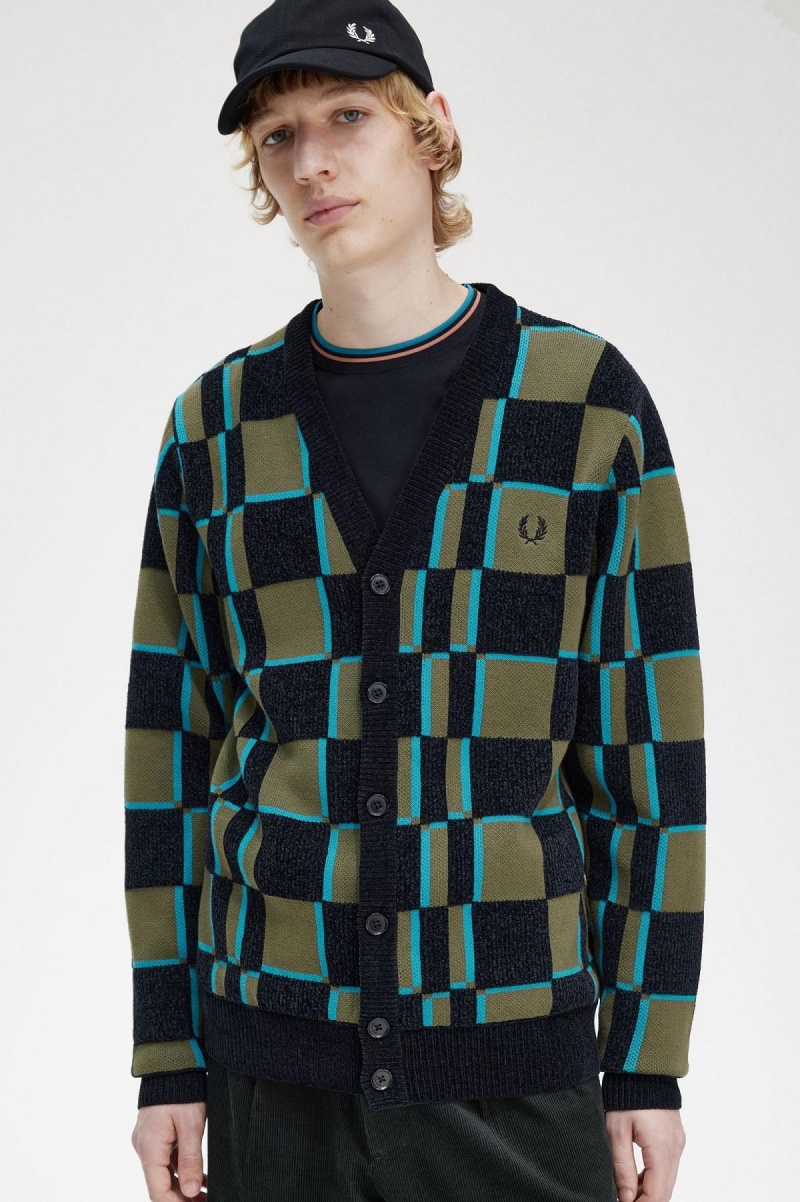 Prendas De Punto Fred Perry Glitch Chequerboard Cardigan Hombre Verdes Negros | ZMXMJ99660