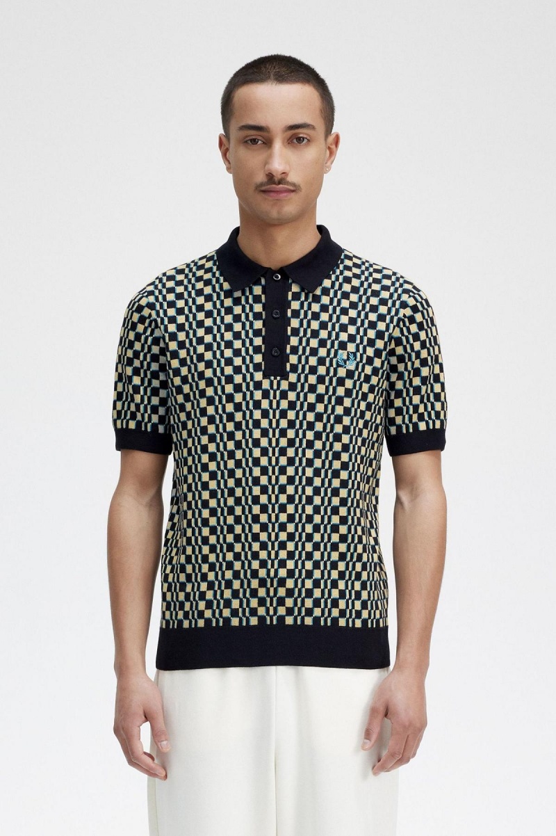 Prendas De Punto Fred Perry Glitch Chequerboard De Punto Shirt Hombre Azules Negros | MXXMI22717