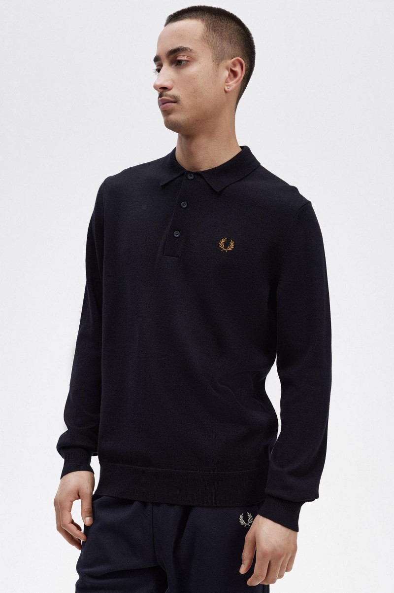 Prendas De Punto Fred Perry Long Sleeve De Punto Shirt Hombre Azul Marino | MXIIZ81043