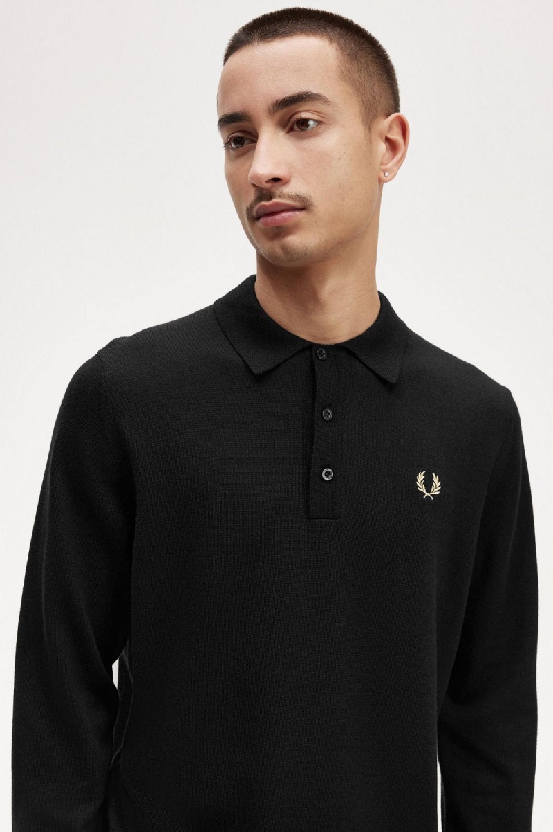 Prendas De Punto Fred Perry Long Sleeve De Punto Shirt Hombre Negros | GMXUC27168