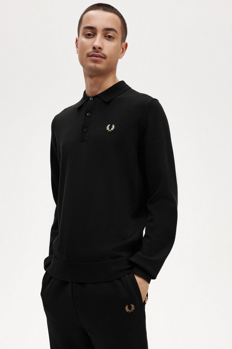 Prendas De Punto Fred Perry Long Sleeve De Punto Shirt Hombre Negros | GMXUC27168