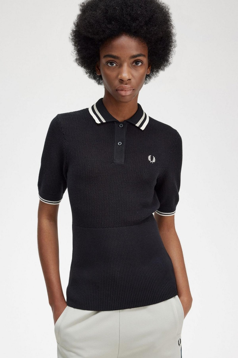 Prendas De Punto Fred Perry Open-De Punto Shirt Mujer Negros | FMXUI85779