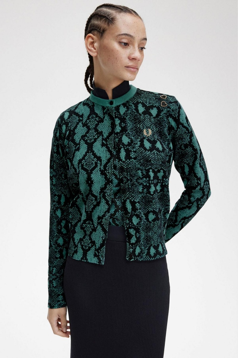 Prendas De Punto Fred Perry Snake Print Cardigan Mujer Verde Menta Oscuro | GMXUC61852