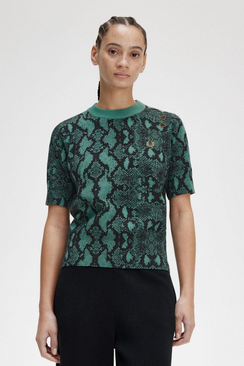 Prendas De Punto Fred Perry Snake Print Jumper Mujer Verde Menta Oscuro | BMXSD72030