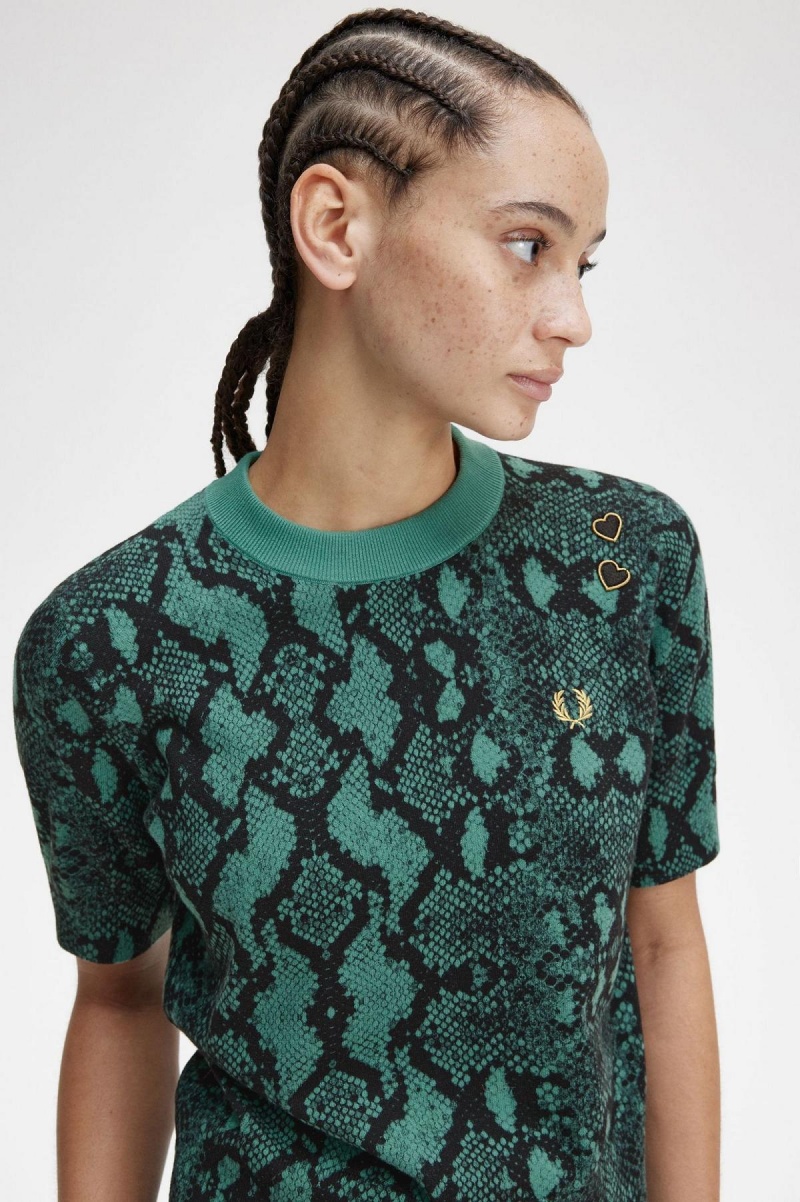 Prendas De Punto Fred Perry Snake Print Jumper Mujer Verde Menta Oscuro | BMXSD72030