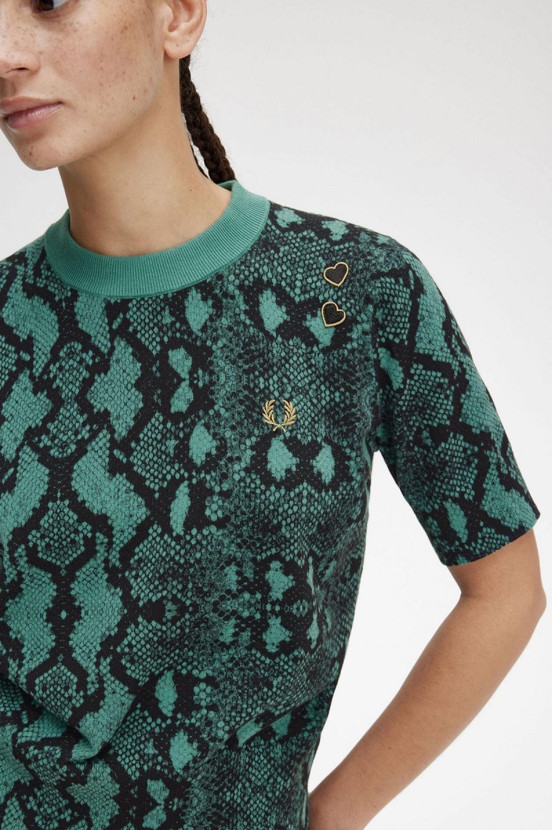 Prendas De Punto Fred Perry Snake Print Jumper Mujer Verde Menta Oscuro | BMXSD72030