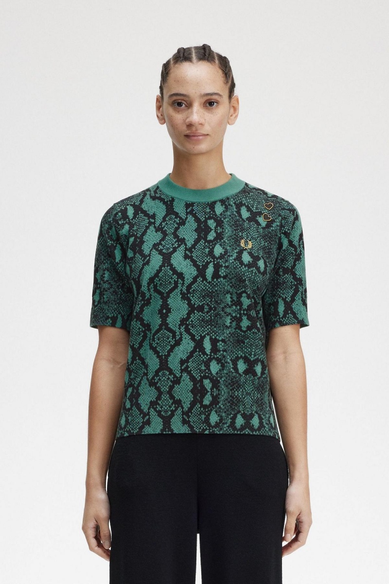 Prendas De Punto Fred Perry Snake Print Jumper Mujer Verde Menta Oscuro | BMXSD72030