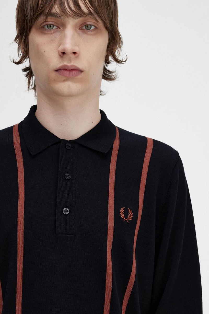 Prendas De Punto Fred Perry Vertical Stripe De Punto Shirt Hombre Negros | AMXDF36578