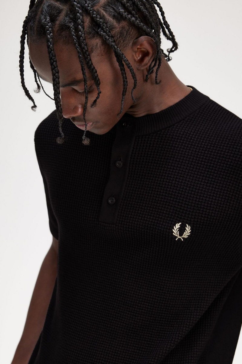 Prendas De Punto Fred Perry Waffle Stitch Henley Shirt Hombre Negros | MXDFL21672