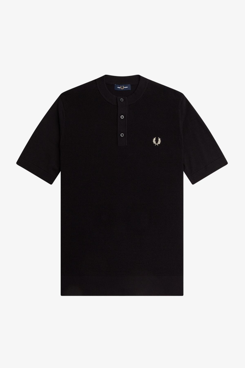 Prendas De Punto Fred Perry Waffle Stitch Henley Shirt Hombre Negros | MXDFL21672