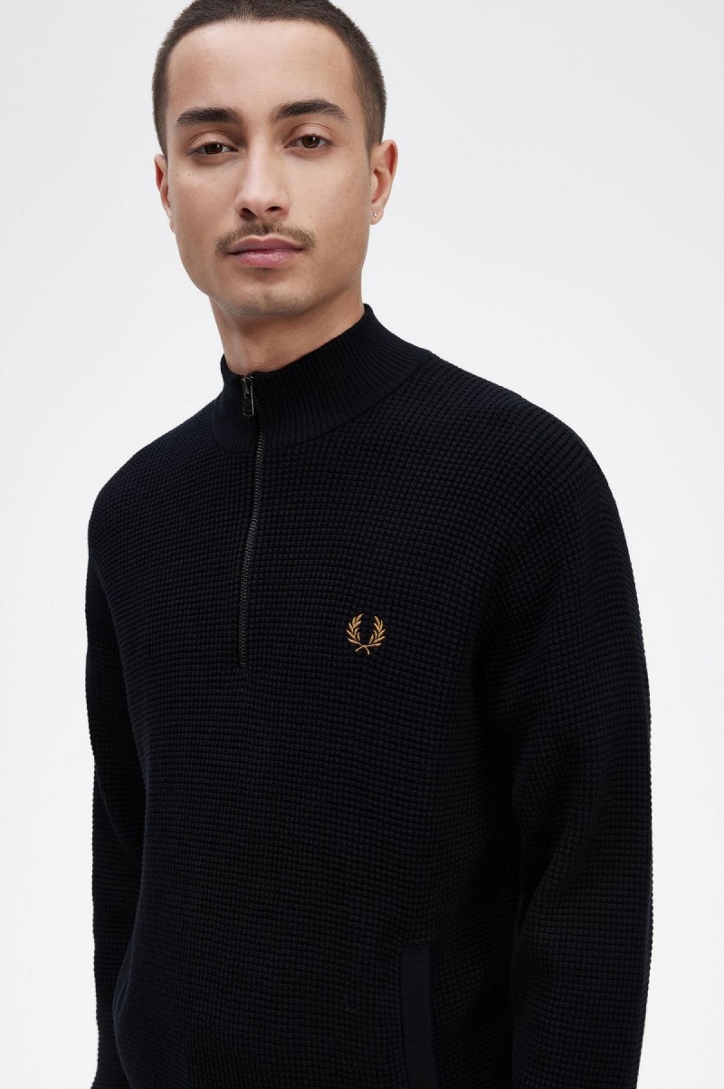 Prendas De Punto Fred Perry Waffle Stitch Half Zip Jumper Hombre Azul Marino | DMXVO87590