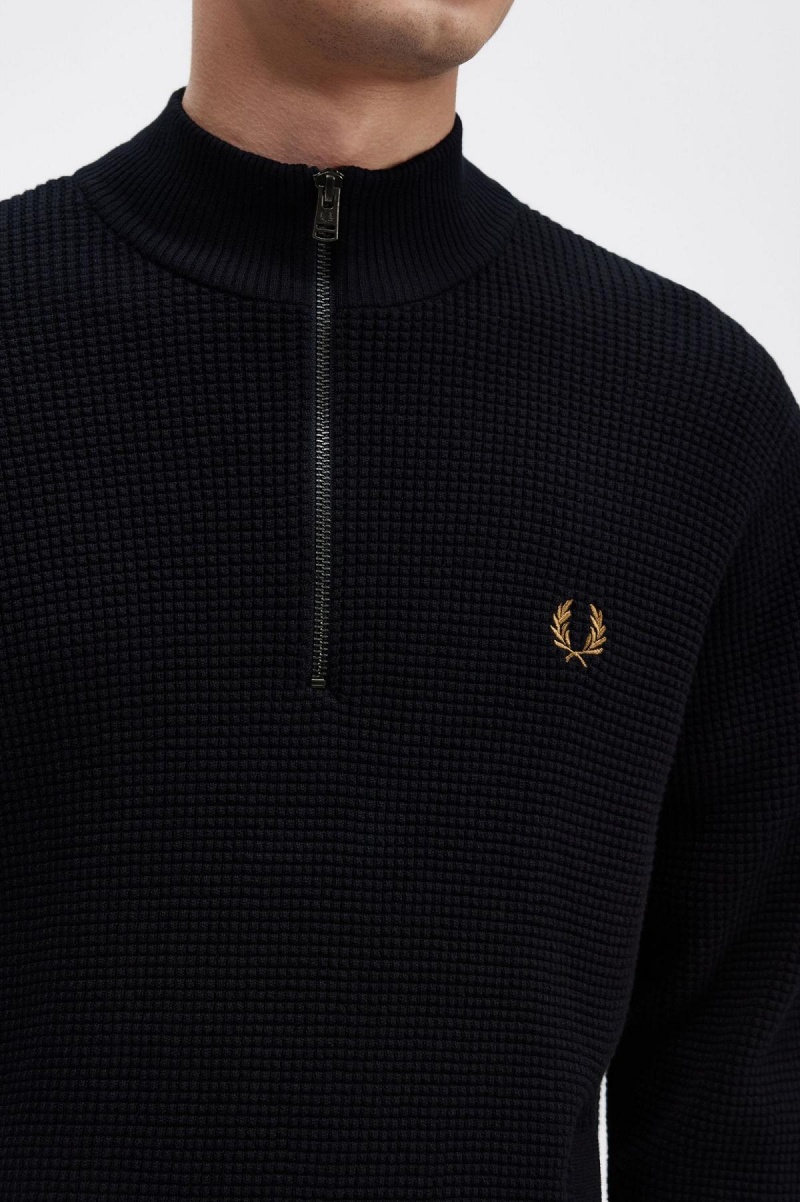 Prendas De Punto Fred Perry Waffle Stitch Half Zip Jumper Hombre Azul Marino | DMXVO87590