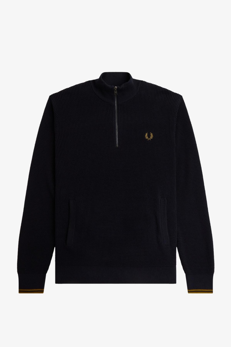 Prendas De Punto Fred Perry Waffle Stitch Half Zip Jumper Hombre Azul Marino | DMXVO87590