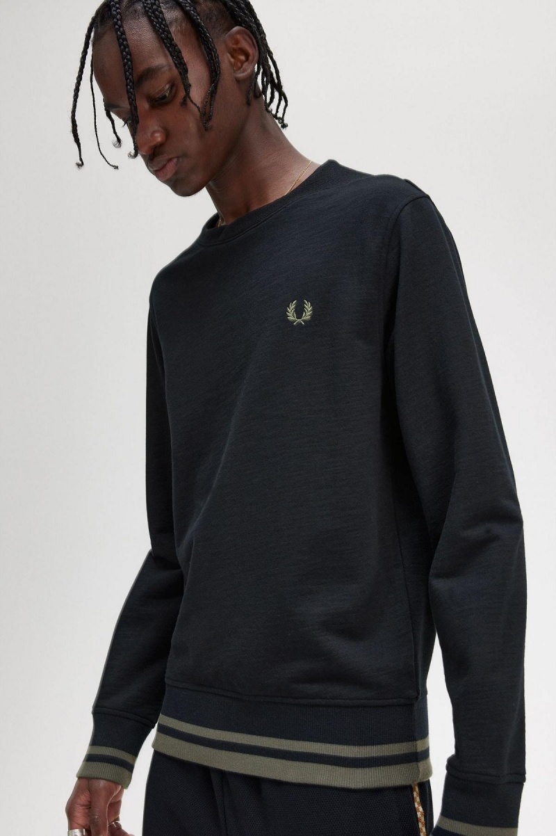 Sudaderas Fred Perry Rib Detail Hombre Negros | EMXVG22875