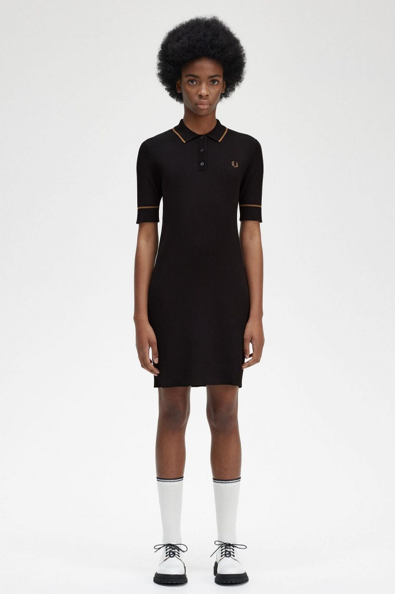 Vestido Fred Perry Acanalado De Punto Shirt Mujer Negros | MXZPD96030