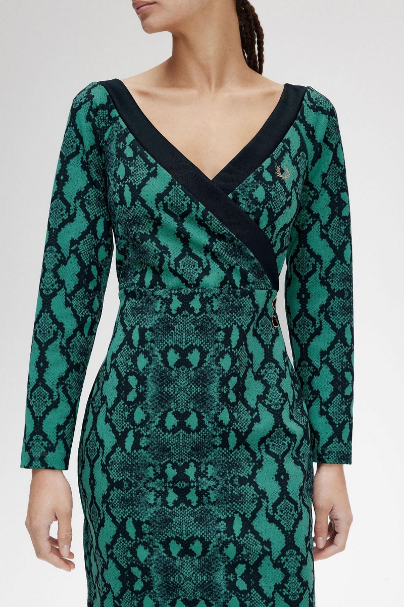 Vestido Fred Perry Off-the-Shoulder Snakeprint Mujer Verde Menta Oscuro | YMXVQ46432