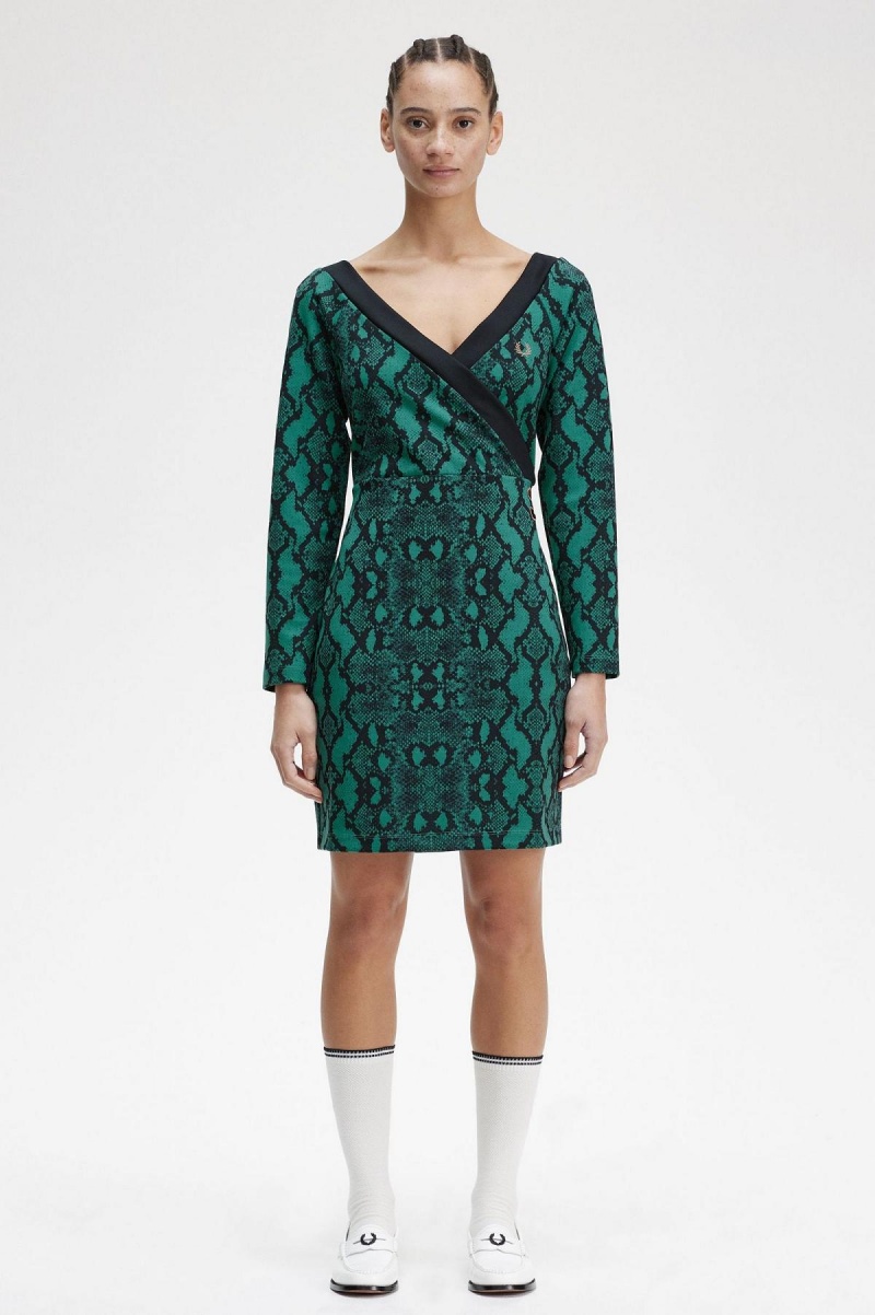 Vestido Fred Perry Off-the-Shoulder Snakeprint Mujer Verde Menta Oscuro | YMXVQ46432