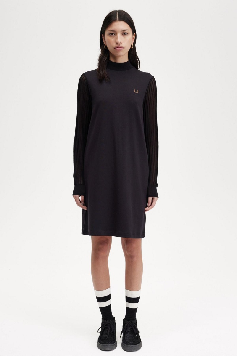 Vestido Fred Perry Sheer Sleeve Mock Neck Mujer Negros | MXNZX59563